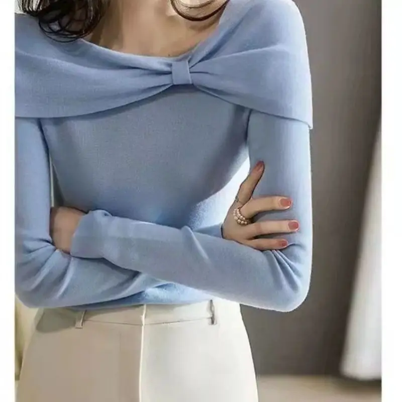 Coreano elegante de cuello cuadrado para mujer, ropa básica de punto, Top de manga larga liso informal para primavera y otoño, lazo elegante