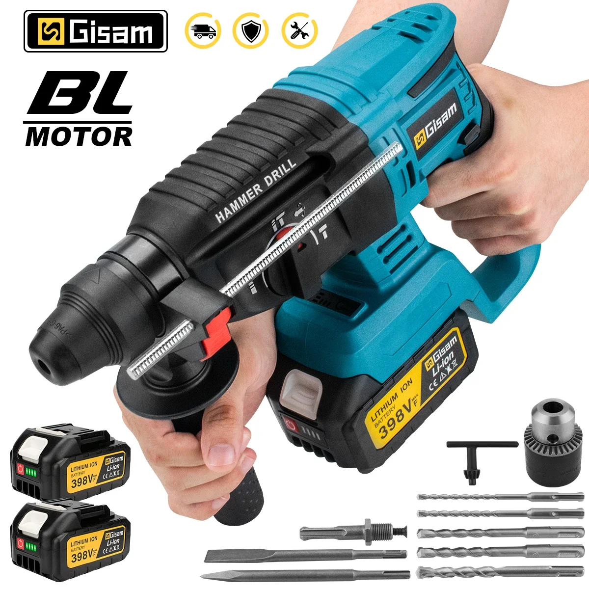 Gisam 4 Function Brushless Cordless Electric Hammer Drill Rotary Hammer Electric Impact Drill Power Tool for Makita 18V Battery