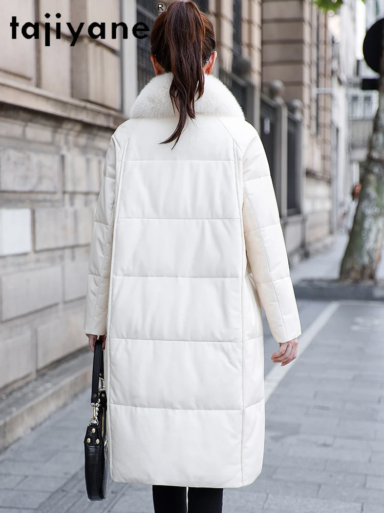 TAJIYANE Echter Schaffell-Weiß-Entendaunenmantel, lange Pufferjacke aus echtem Leder für Damen mit Fuchspelzkragen, Winterkleidung 2025 Durant Daugldi