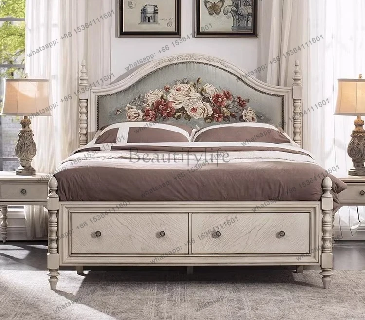 American solid wood white old French retro engraved embroidery drawer storage bed