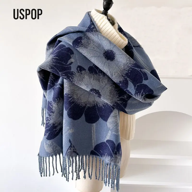 USPOP Large Wide Thick Cashmere-Feel Double-Sided Scarf Shawl with Tassels for Women Autumn Winter Elegant Neck Warmer Wrap