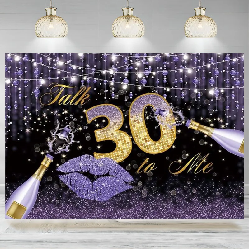 Birthday Backdrop Women Champagne Glitter Lips Purple Sliver Fabulous Thirty Photography Background Party Decoration Banner