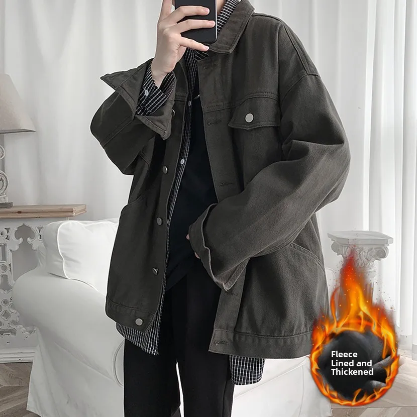 

Thiened Fce Lined Men's Denim Jaet Spring Faion Retro Workwear Sle Long Sve Youth uar Loose Fit Anti-Wind Coat