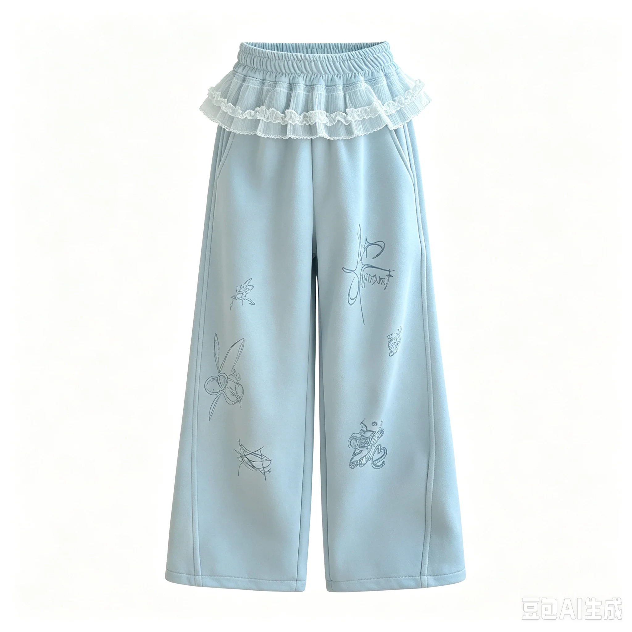 Sky Blue Sweet Lace Ruffle Waist Wide Leg Sweatpants Elastic Waistband Sketch Cartoon Graphic Loose Casual Trousers Preppy Style