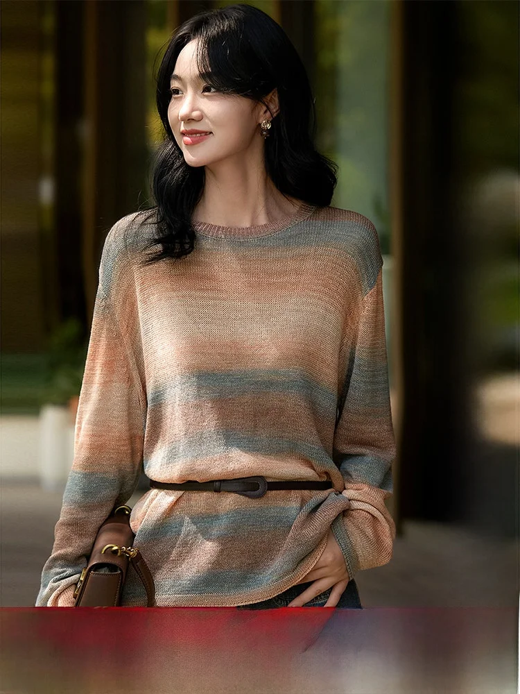 

Comfortable Cotton Blend Segmented Dye Knitted irt Soft Breathable Autumnal Oil Painting Color Ptte Casual Loose Fit