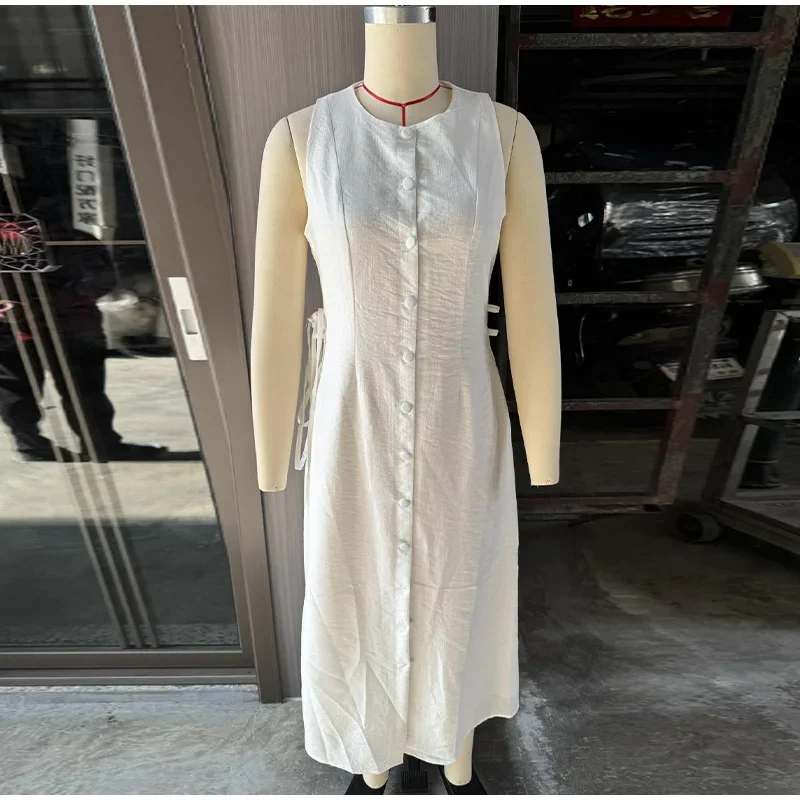 فستان نسائي غير رسمي برباط سادة ورقبة دائرية بدون أكمام فساتين طويلة فضفاضة واحدة الصدر لصيف 2025 رداء سيدة الموضة الجديدة