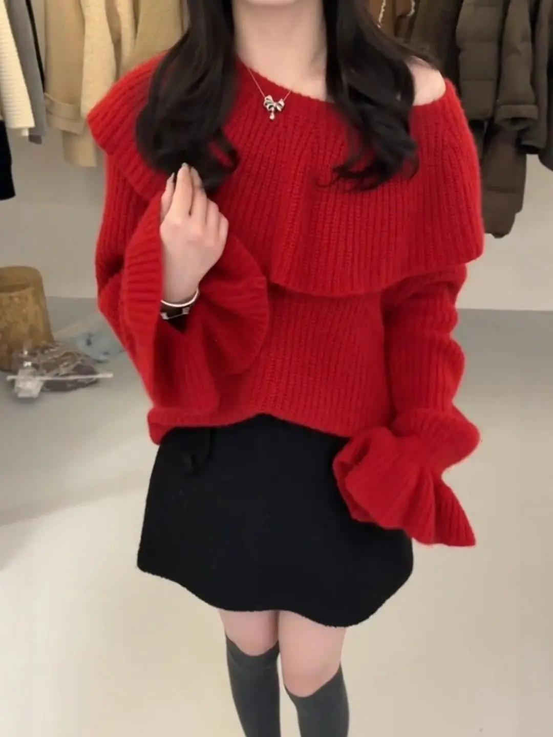 

Red Knitted Sweater Women's Autumn Winter Inner Wear Cisas New Year's Eve Outfit Top Soft Lace Loose Fit Long Sve