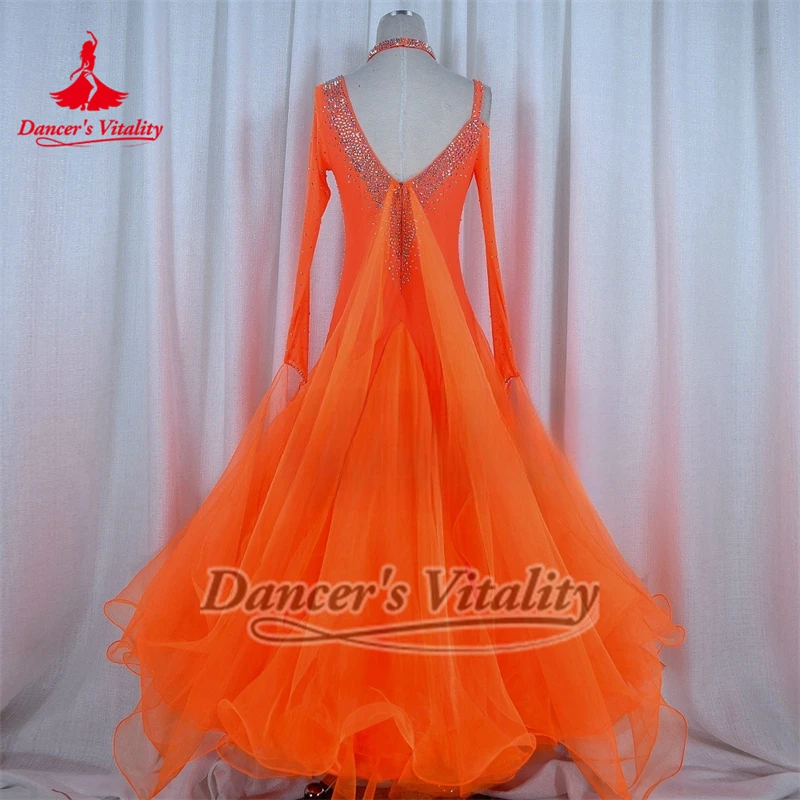 大人の社交ダンス オレンジ AB ストーンズ ビッグスイングドレス ハイエンド カスタマイズ 大人のワルツ フォックストロット タンゴ服 ダンサーの活力
