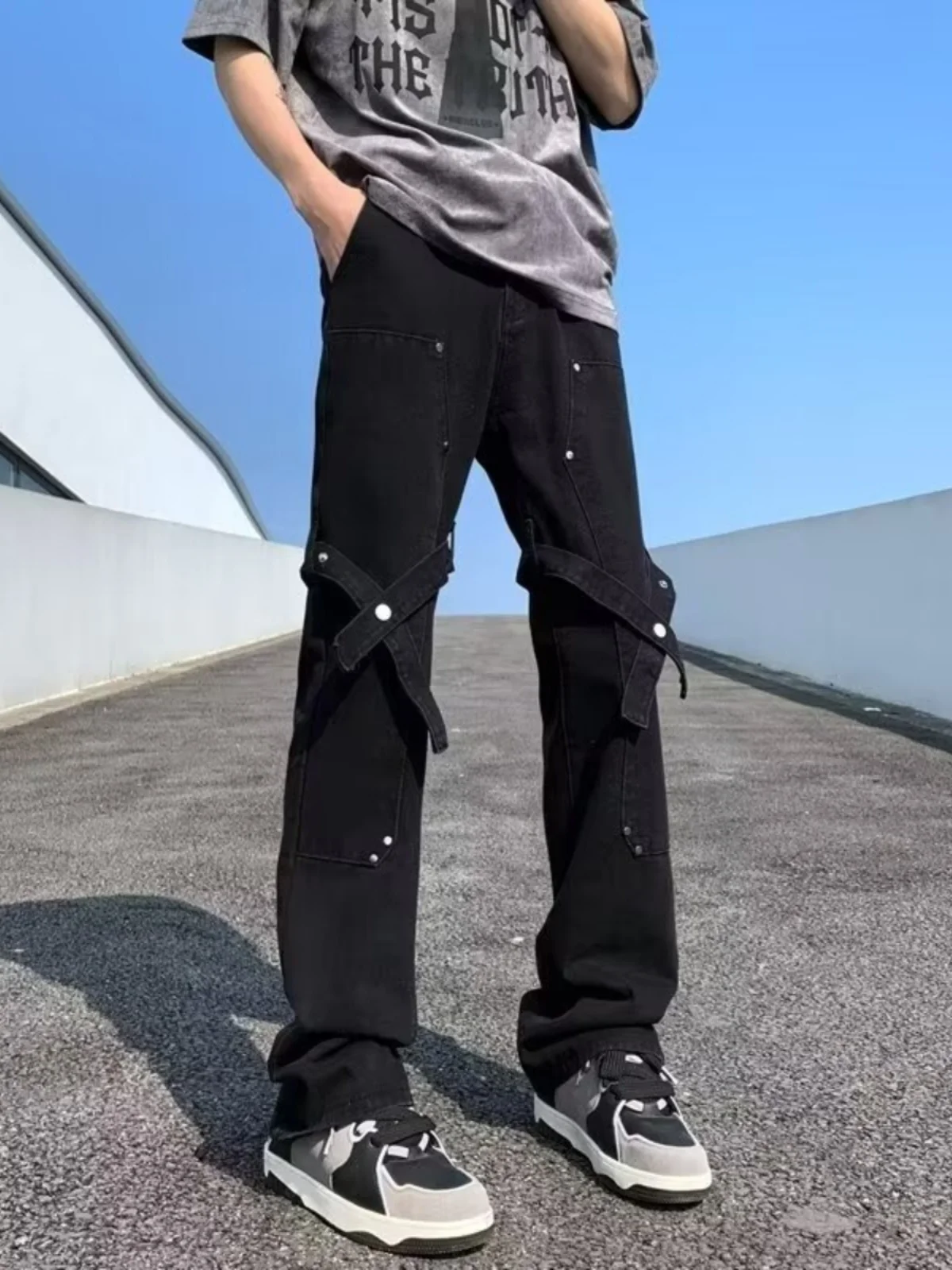 

American Vibe Rivet Jeans Men's High Street Bla Haome Straight Leg Trendy Workwear Casual Pants Loose Straight Cut