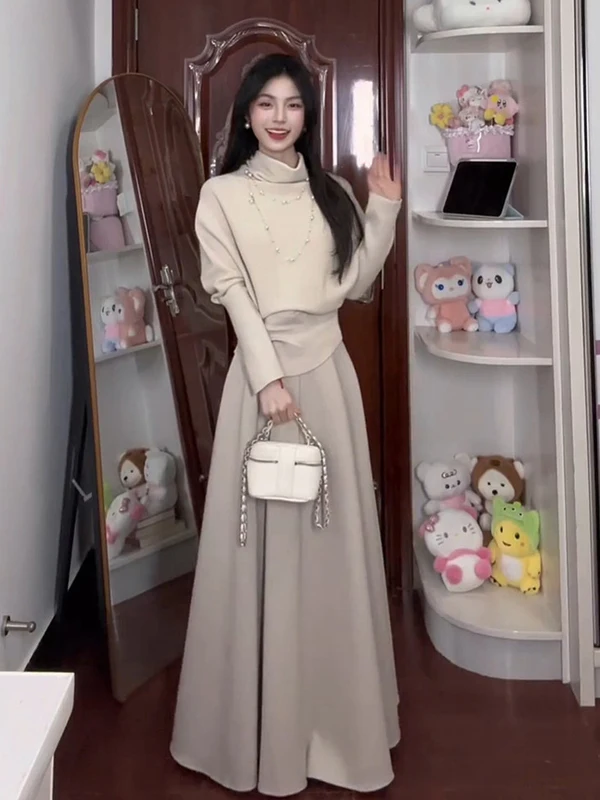 

Unique Beautiful Knitted Sweater High Ne Women's High Waist Dr Autumn Winter Faion Set Comfortable Long Sve Cr...