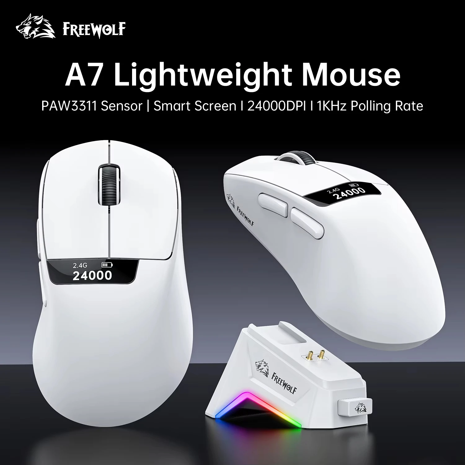 

FREEWOLF A7 Wireless Mouse Tri-Mode Smart Screen PAW3311 Sensor 1KHZ Lightweight Esports HUANO 80 Million Switch Gaming Mouse