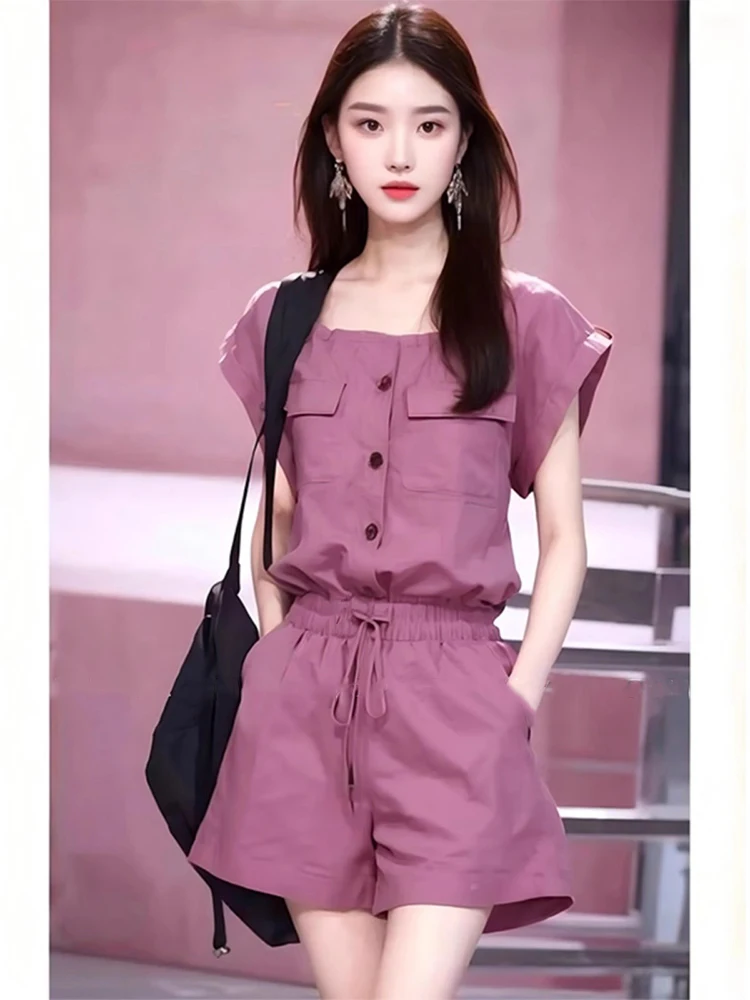 

Летние женские 2023 новые розовые льняные рубашки с короткими рукавами, повседневные шорты, однотонные модные шорты для поездок на работу, высококачественный комплект из двух предметов