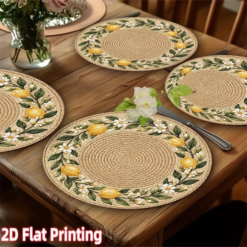 4-Piece 2D Printed Placemats - Imitation Rattan Lemon Flower Round - 15-Inch Polyester Tablecloth, Home Decoration, Festival Use view 2