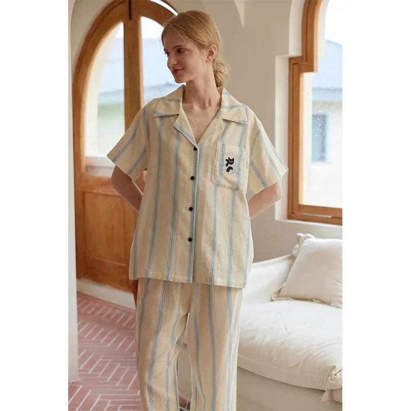 2024 Cotton Double Layer Gauze Pijamas Women Lapel Pocket Embroidered Home Clothes Simple Stripe Printed Short Sleeve Pajama Set