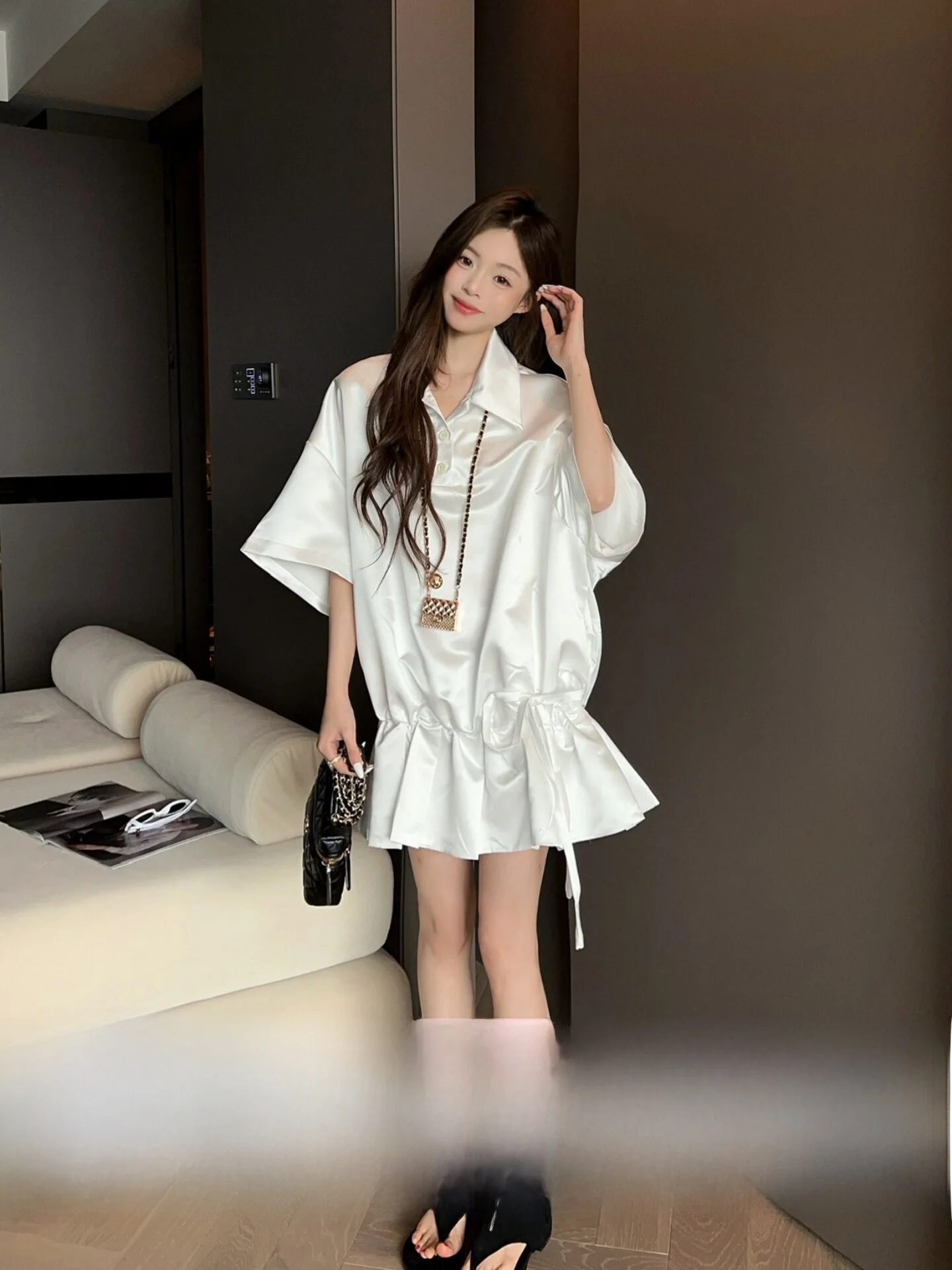 

Fashionable Short Sleeve Shirt Dress Women's Summer 2026 New Loose Slimming Dress Top Polyester Fiber Gathered Hem