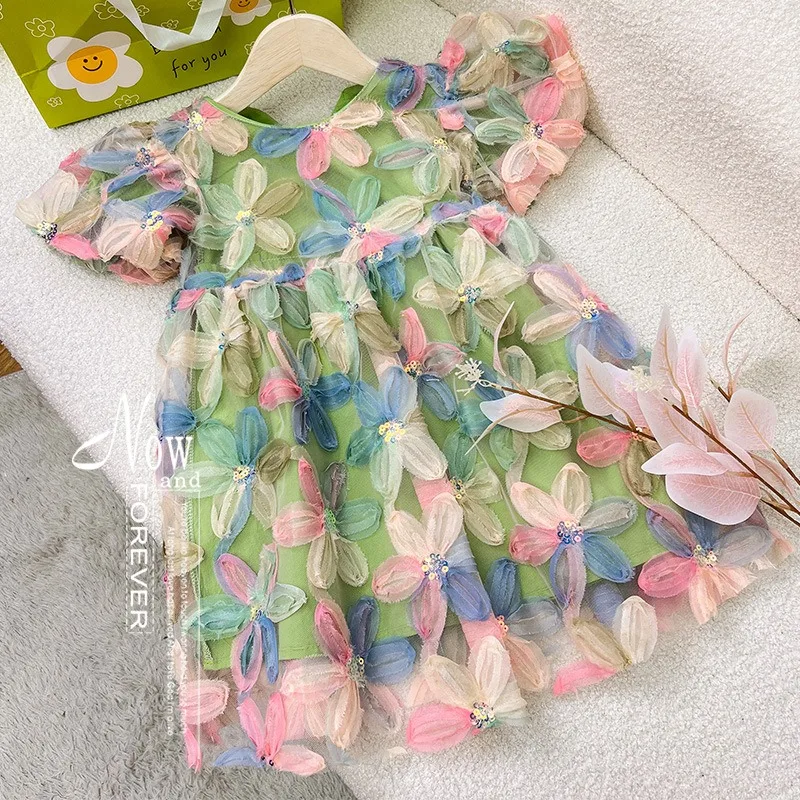 New Summer Teenager Girl Casual Dress Short Puff Sleeves Round Collar Flowers Appliques Daily Princess Lovely Dresses HXL16