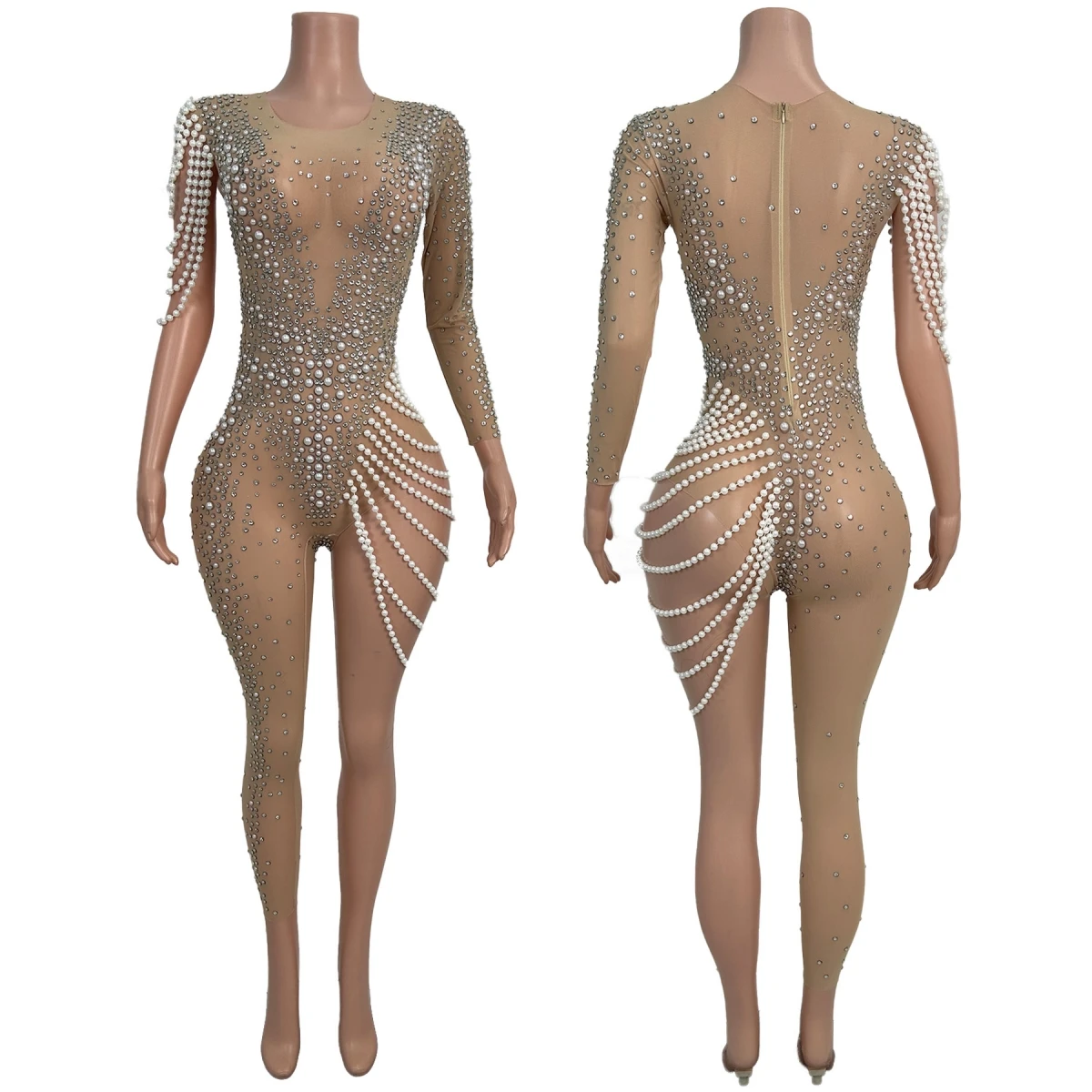 

Модный женский асимметричный комбинезон с одним рукавом, украшенный жемчугом и стразами, из спандекса, облегающий, для выступлений дрэг-квин, Jiezhi