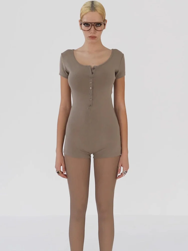 2025년 신상 순색 버튼 고탄력 U넥 오버올 섹시 슬림 섹시 걸 오버올 면 혼방 원단