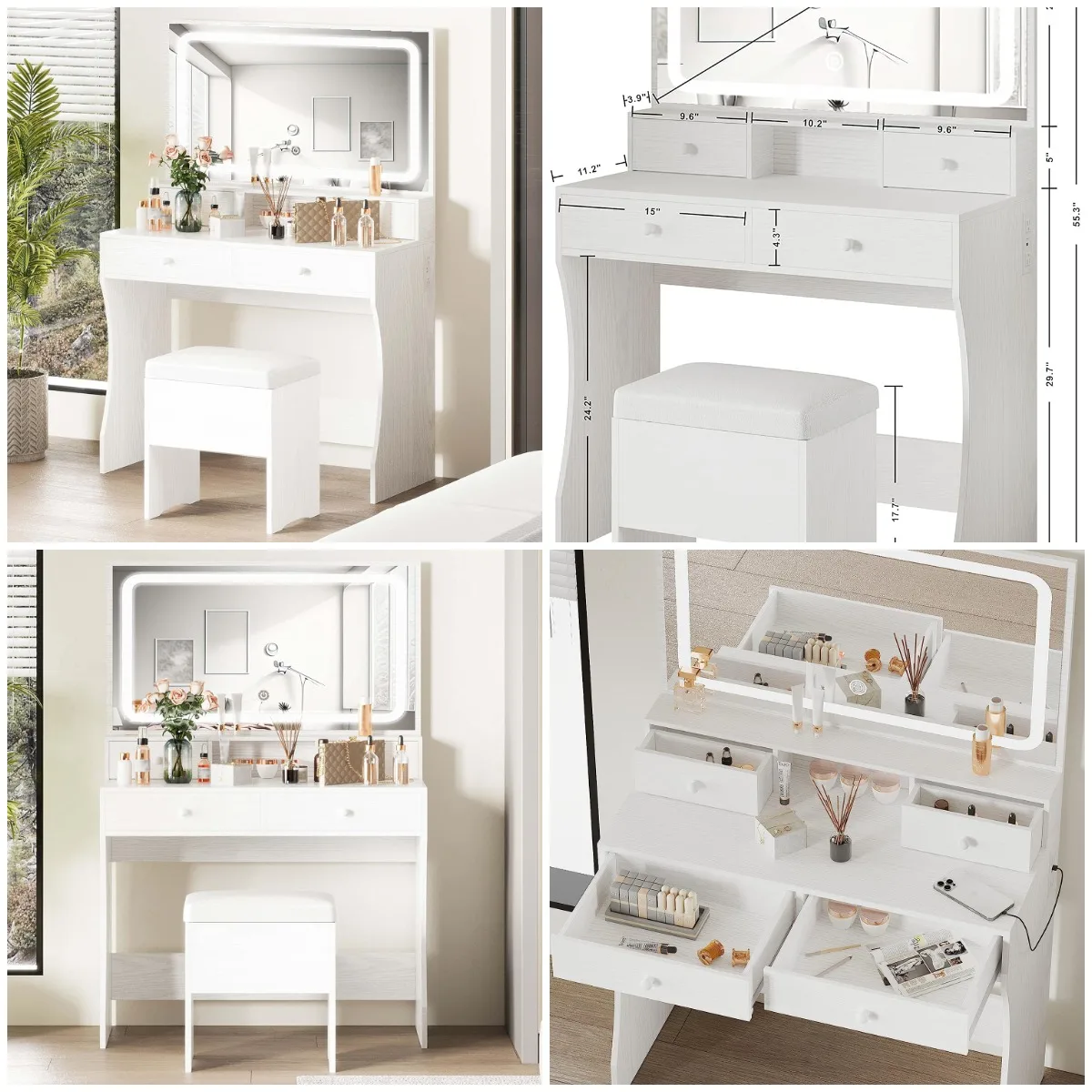 

Туалетный столик со светодиодной подсветкой и розеткой, скамейка для хранения с 4 ящиками, белый туалетный столик для спальни