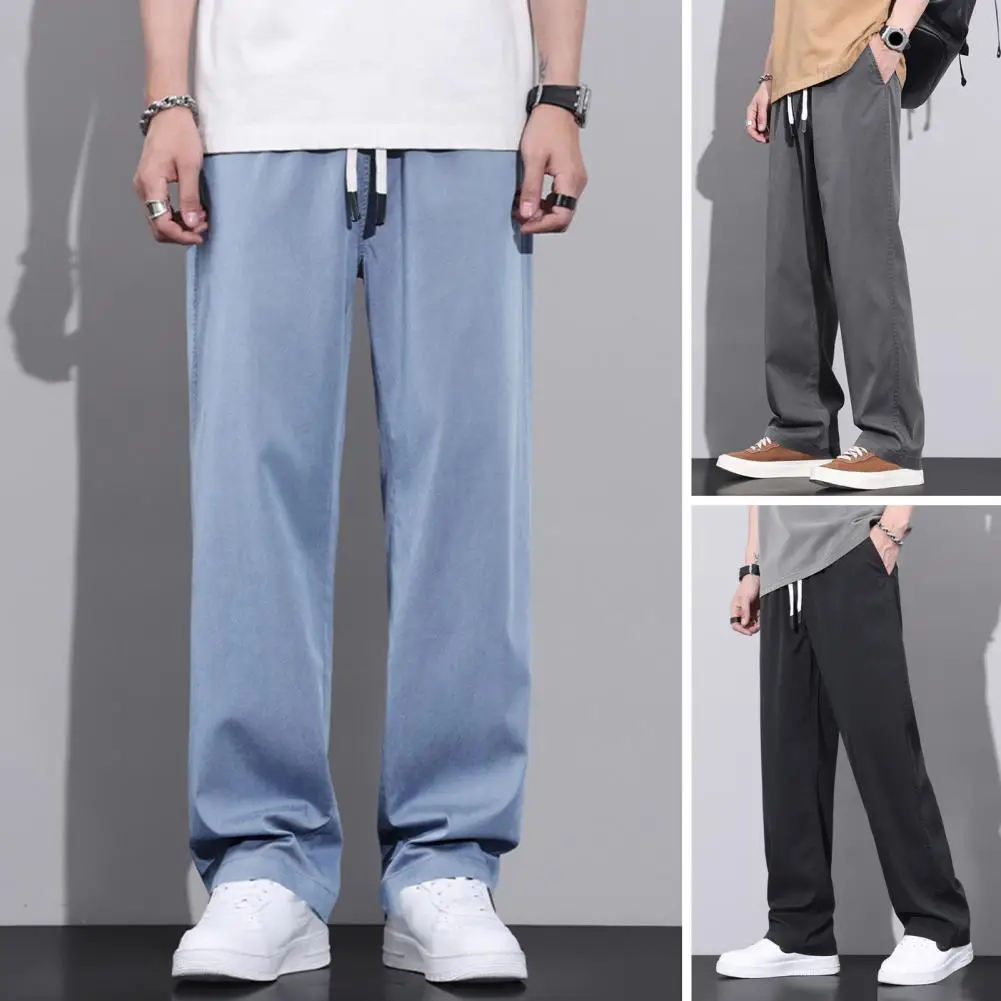 

Breathable Men Jeans Versatile Men's Denim Pants Elastic Waist Adjustable Drawstring Wide Leg Jeans with Pockets Stylish