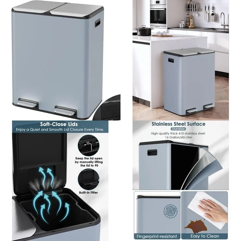 

Двойной мусорный бак на 16 галлонов с контролем запаха, без помощи рук, крышкой с мягким закрыванием, 2 ведра, ножной педалью, боковой ручкой, герметичный для дома