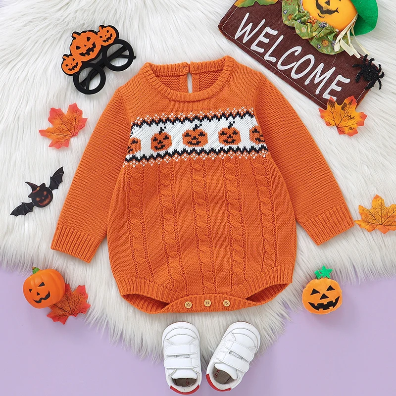 Newborn Baby Bodysuits Long Sleeve Autumn Infant Boys Girls Jumpsuit Knit Child Clothing Funny Pumpkins 0-18M Overalls Halloween