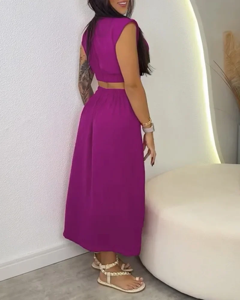 สีทึบคัตเอาท์ปุ่มลงเอวยางยืดกลับชุดลําลองอเนกประสงค์ Vocation Maxi Dress