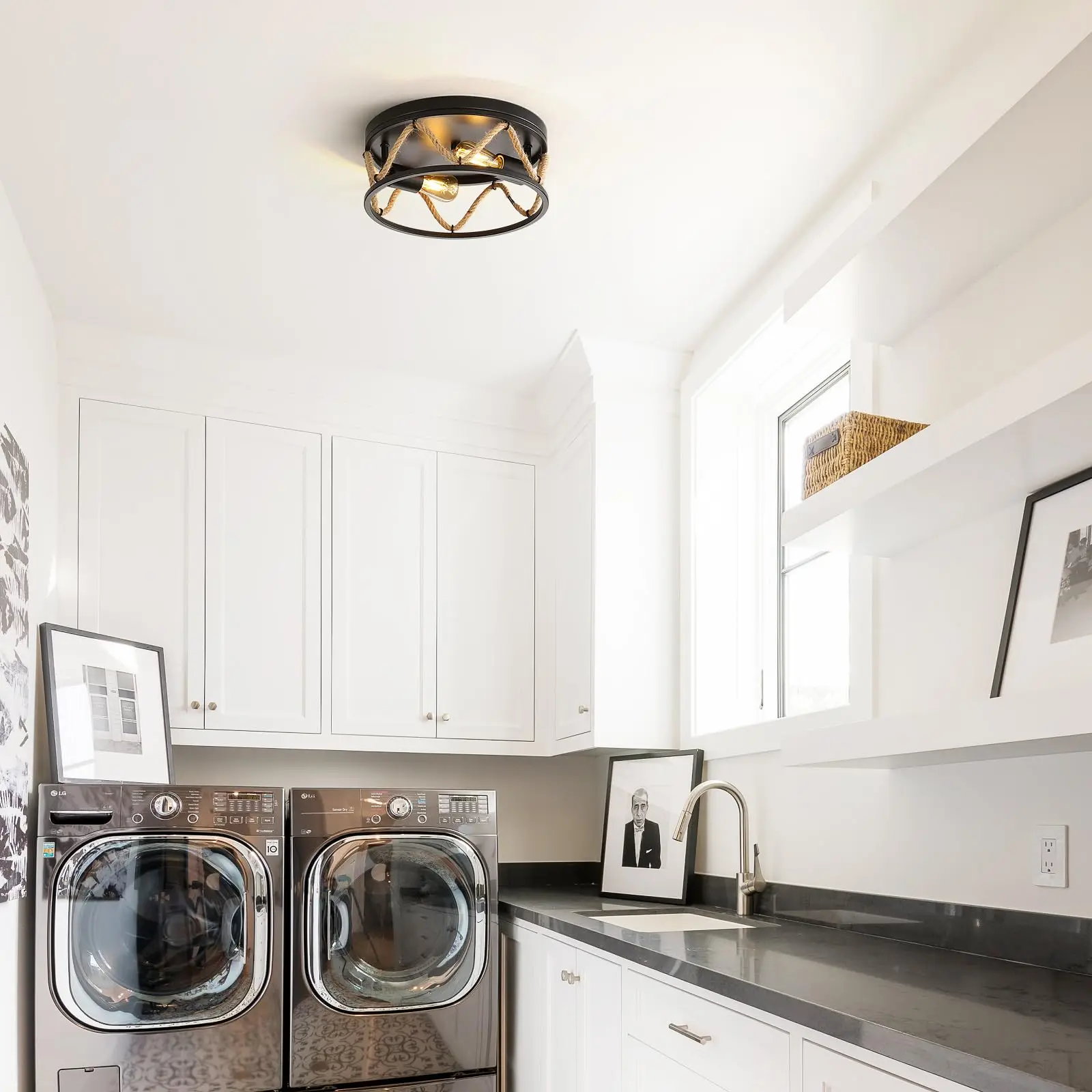 Retro Ceiling Light Black Ceiling Lamp 2-Light Living Hemp Rope Ceiling Light Fixture For Room Dining Room Loft Hallway Loft