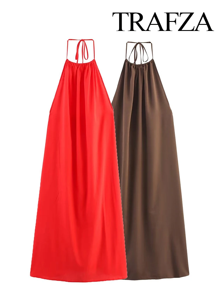 

HH Summer Women Fashion Sleeveless Sexy Casual Chic Dress Elegant Woman Solid Neck Halter Pleated Decoration Slim Midi Dress