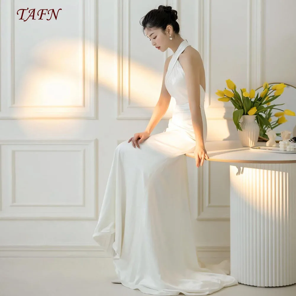 TAFN Korea Photo Shoot Dresses Halter Sleeveless Wedding Reception Dresses 피로연드레스 Simple Sweep Train Bridal Gown