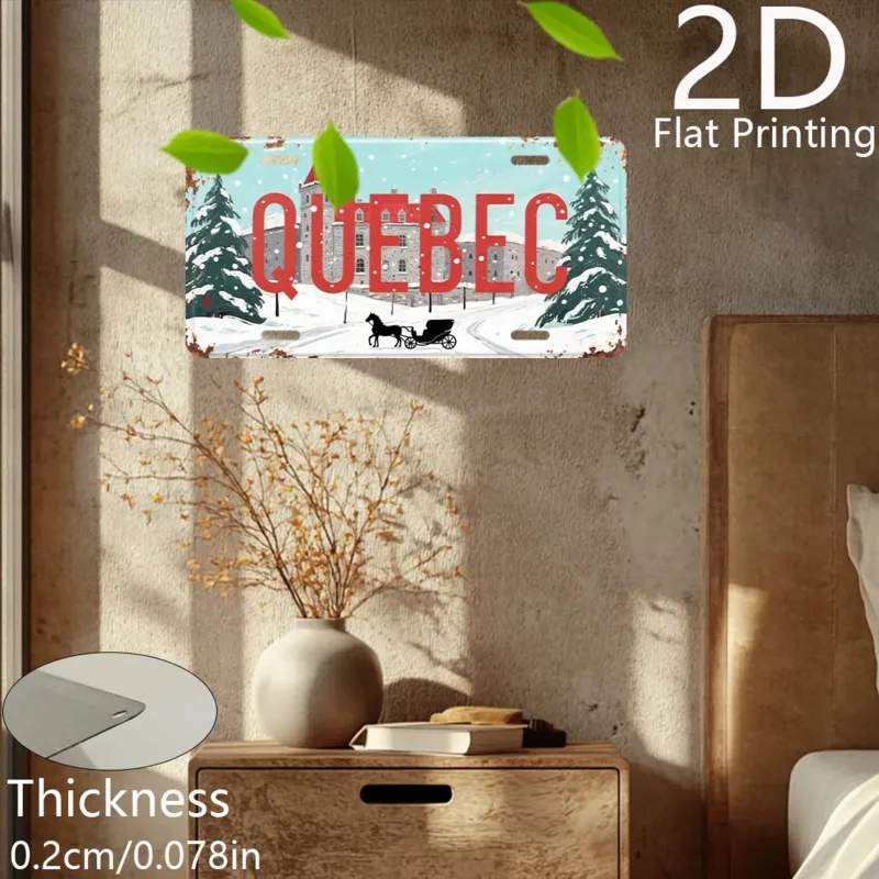 مسطح ثنائي الأبعاد، قطعة واحدة من لوحة ترخيص عتيقة بطابع كيبيك - مشهد شتوي ريترو كيبيك مع حروف كوبيك حمراء جريئة #6