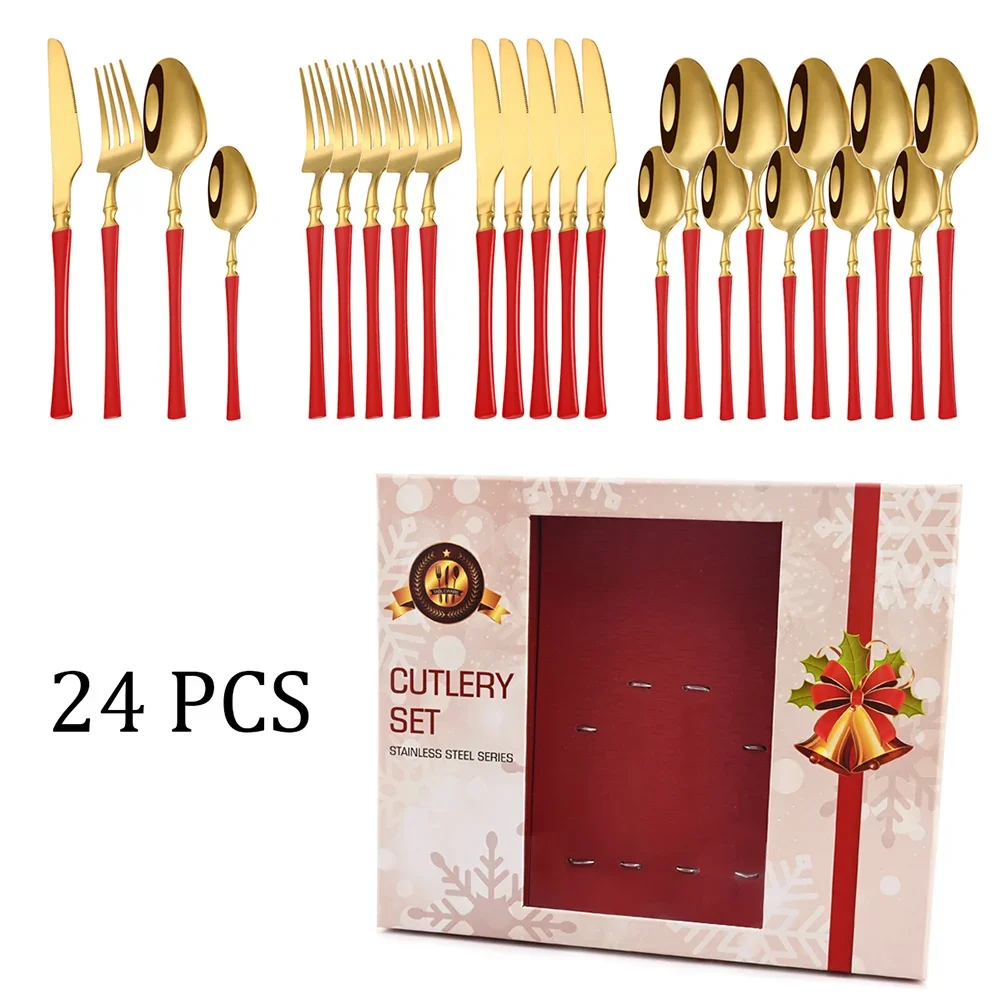 Weihnachten 24 Stück Besteck setzt Edelstahl Geschirr Abendessen Besteck Messer Gabel Teelöffel Luxus Küchen geschirr Geschenk box