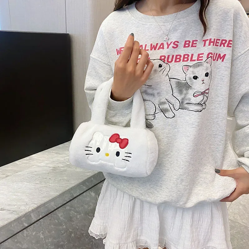 Bolso de hombro de felpa Kawaii Sanrio Hello Kitty para niñas, bolso de mano de dibujos animados, bolso de muñeca lindo y Simple, recién llegados, bolso de mano de gran capacidad