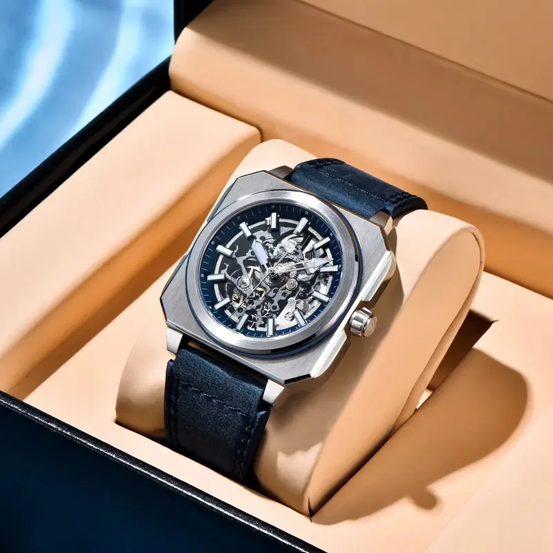 PAGANI DESIGN Men Square Automatic Mechanical Watch Skeleton Dial Multi Color Leather Rubber Strap Waterproof Sports Wristwatch