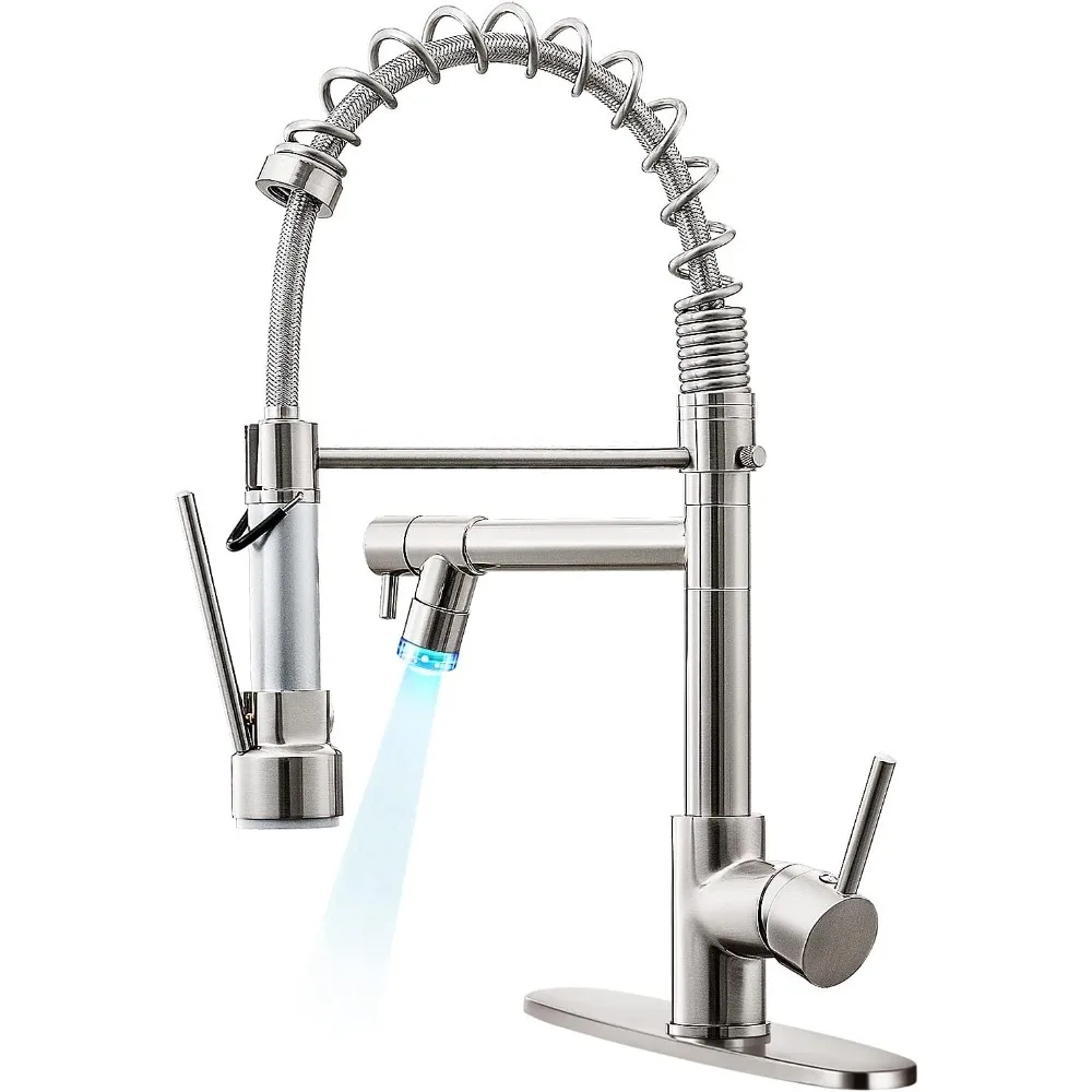 

Commercial Kitchen Faucet with Pull Down Sprayer, Single Handle with LED Light, Brushed Nickel