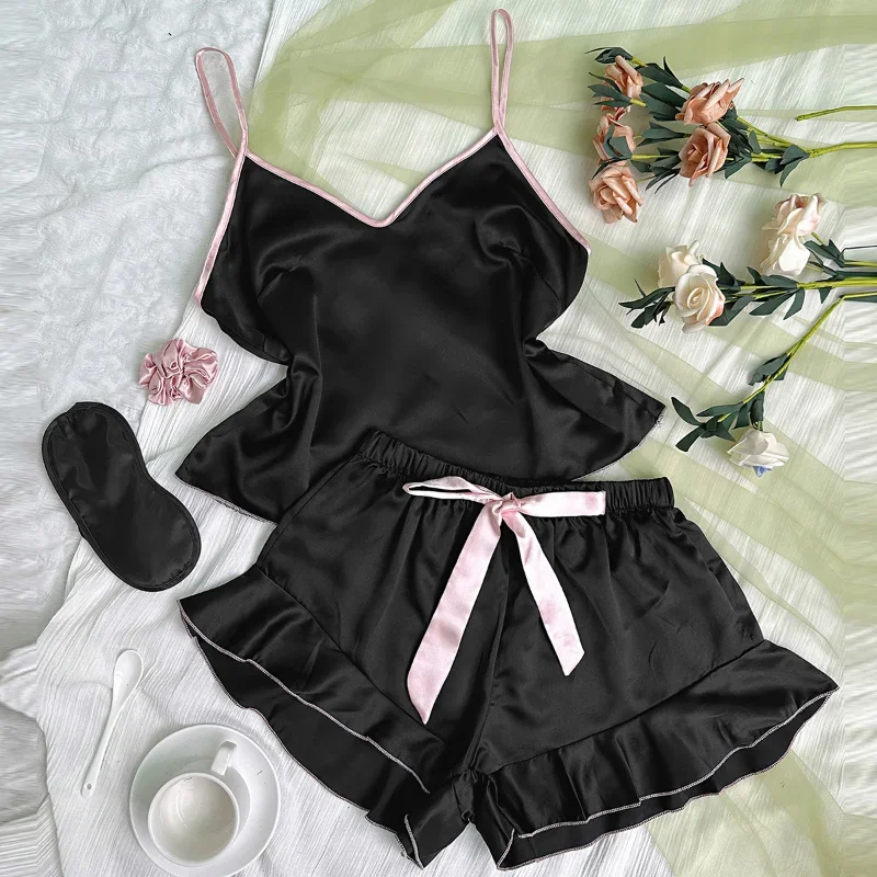 3PCS piyama wanita setelan Atasan wanita Lingerie seksi Ruffles piyama Fashion V-Neck peregangan Satin Babydoll tidur celana pendek Set baju tidur