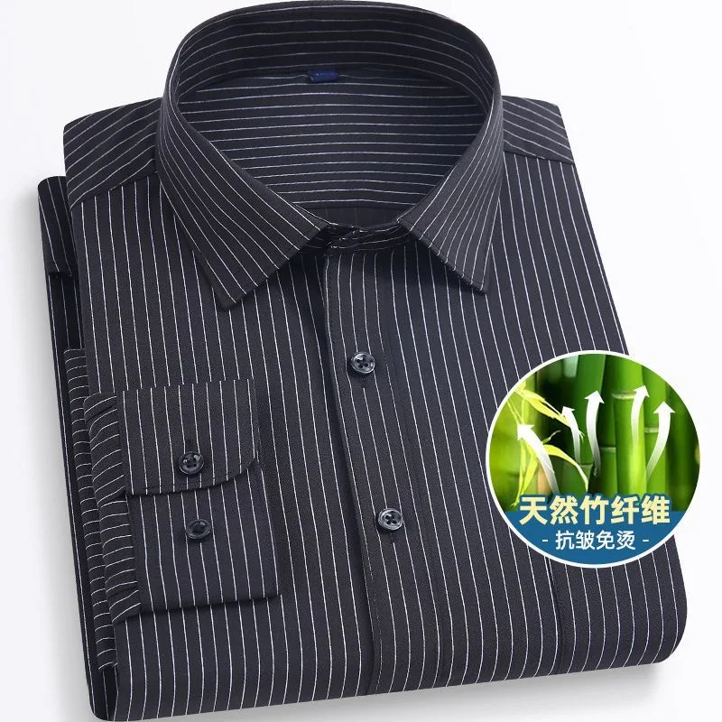 Spring new men\'s long sleeve bamboo fiber striped shirt wrinkle-resistant non-ironing business casual is loaded with pockets