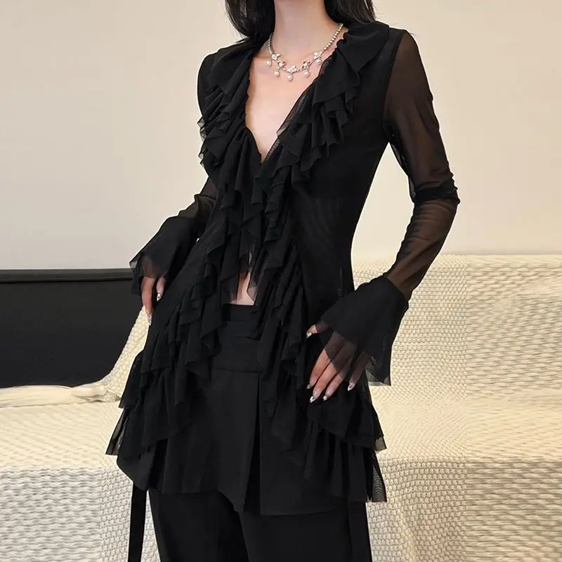 

Korean Blouse Women's Clothing V-neck Long Sleeve Tunic Shirts Camisas De Mujer Heavy Ruffles Spring Summer Gauze Blouses Tops