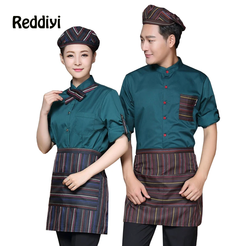 

Western Restaurant Waiter Uniform Woman Hotel Food Service Kitchen Waitress Uniform Hat Apron 3-pce Set Man Cafe Staff Overalls