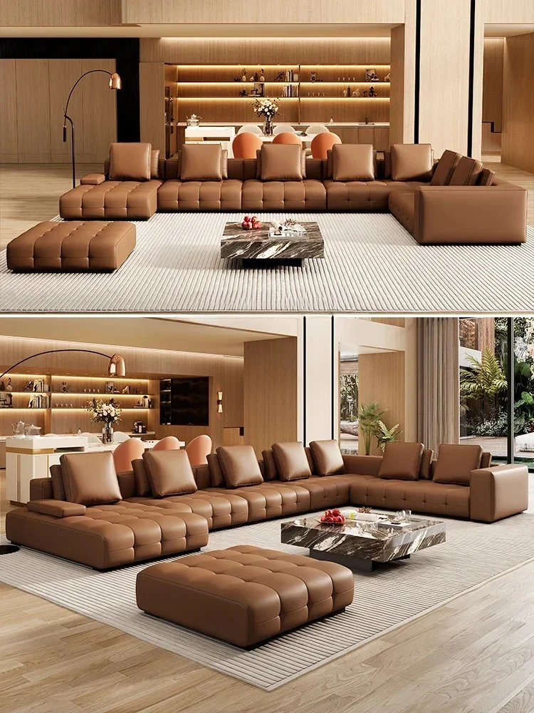 Large Apartment Living Room Full Leather Sofa First Layer Cowhide High-End French Italian Mansion Villa Module Sofa