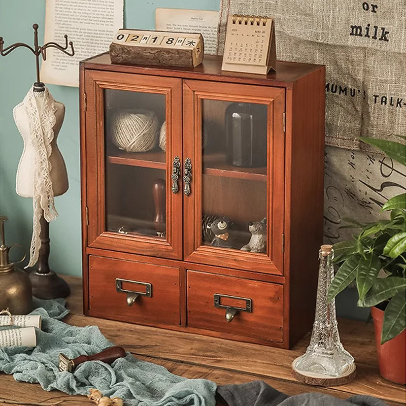 Cute Beautiful Handmade Tabletop Standing Vintage Wood Mini Cabinet with Doors Drawers