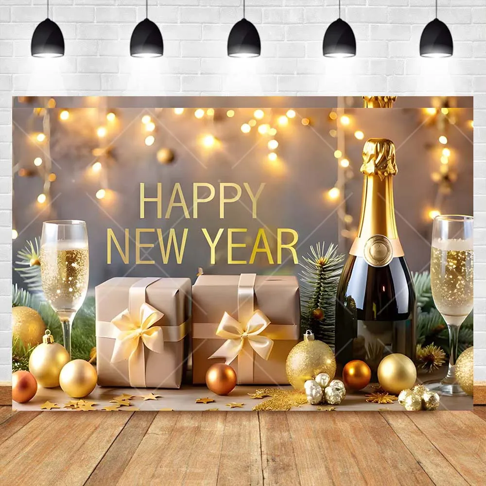 2025 Happy New Year Background Custom Golden Fireworks Champagne Clock Family New Year's Eve Party Decor Banner Celebrate Poster