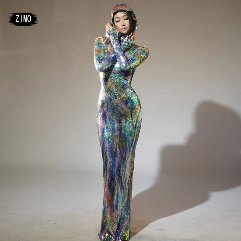 

Вечеринка наряд для шоу девушки, роскошное платье с блестками, синее сексуальное платье с открытой спиной и длинными рукавами, вечерние, клубные, для дня рождения, сцены, вечерние