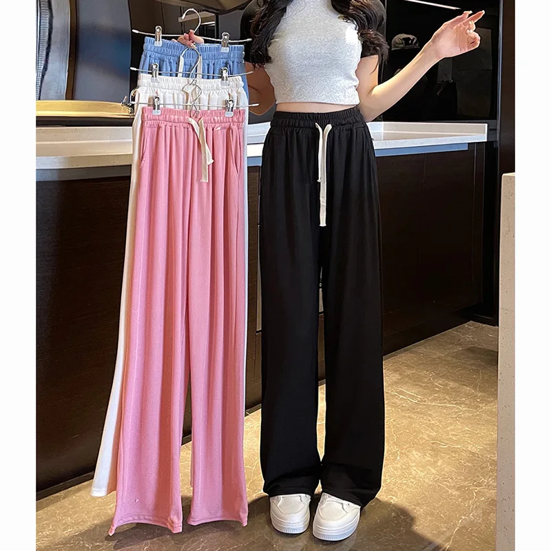 

New Women Cool Ice Silk Solid Pants Lady Baggy Wide Leg Straight Leg Commute Trousers Female Holiday High Waisted Draping Slacks