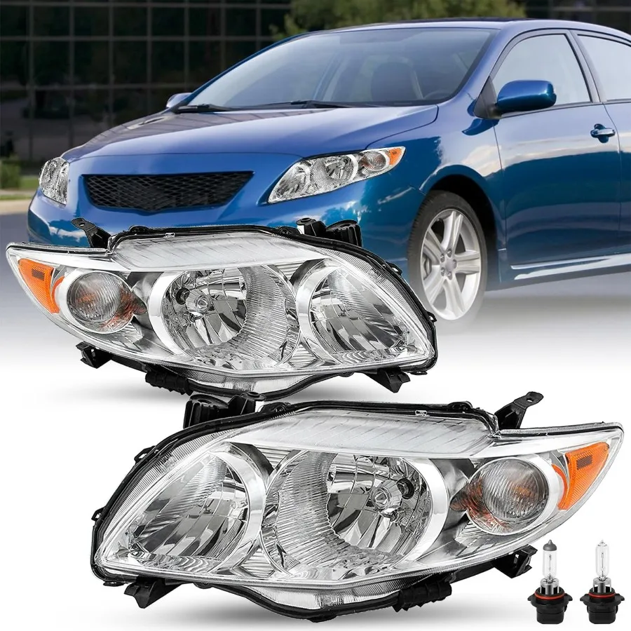 

Headlight Assembly Fit with 2009 2010 Toyota Corolla Sedan 4-Door Headlamp Chorme Housing with Amber Reflector Left Driver and R