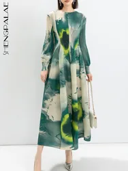 SHENGPALAE Contrast Color Print Pleated Dress For Women A-line Fashion Lantern Sleeves Female Long Dresses 2024 Summer New 2C742