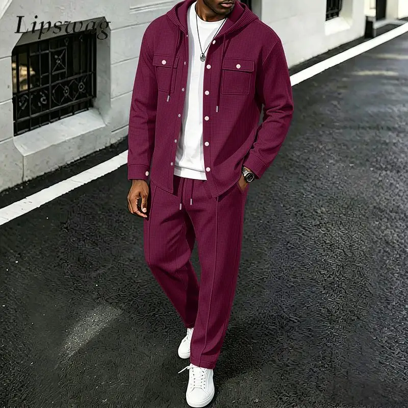 ensembles-de-survetements-decontractes-a-capuche-pour-hommes-texture-gaufree-manches-longues-et-pantalon-deux-pieces-tenues-unies-a-la-mode-pour-l'automne