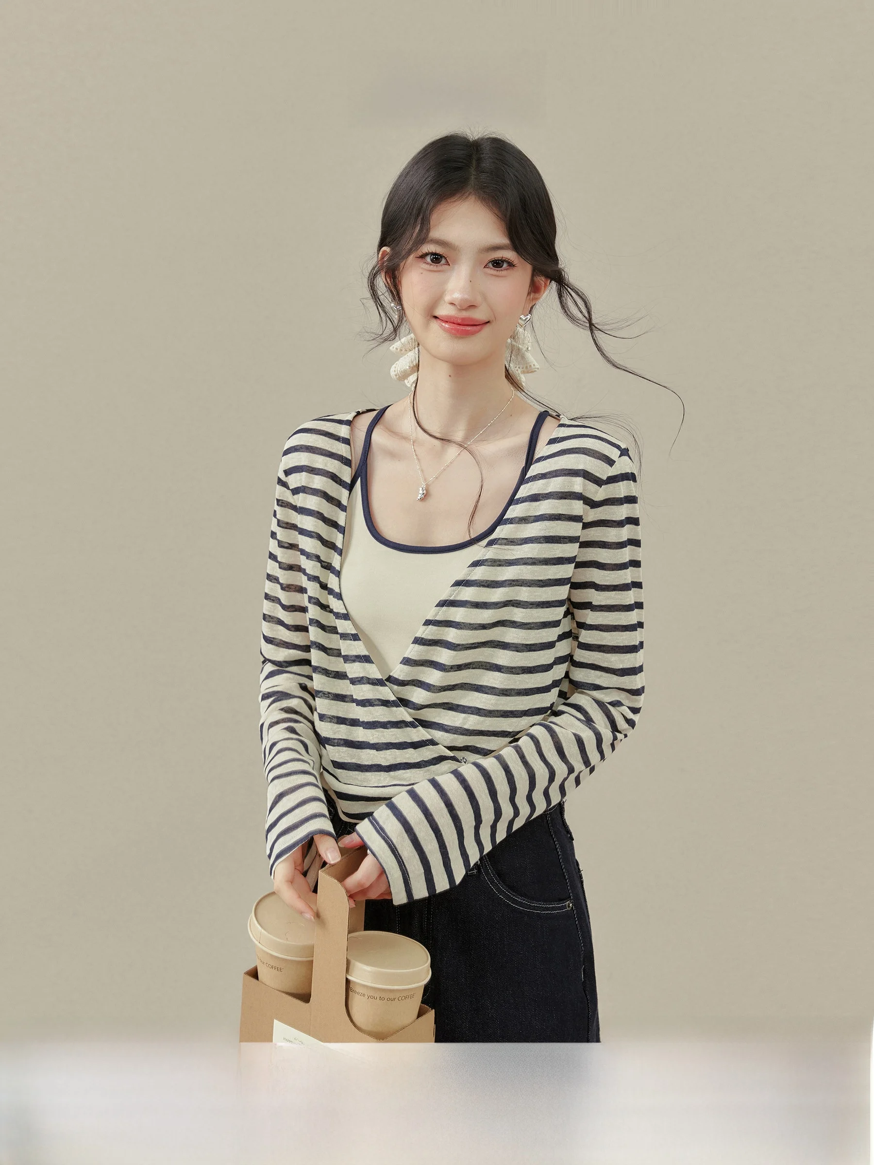 

Long Sleeve Striped T-Shirt Women's Casual Style Top plus Size Fat MM Set with Halter Vest Spring Fashion Outfit