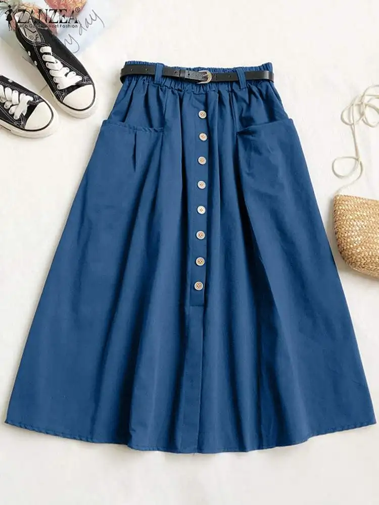 ZANZEA Casual Loose Buttons Faldas Women Umbrella Midi Skirts Fashion Elastic Waist Overskirts 2024 Summer Holiday Pocket Jupes