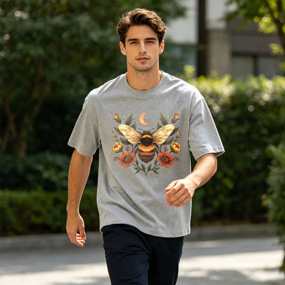 Moon Bumblebee Wild Floral Retro Art Herren-T-Shirt aus Baumwolle, Natur, Insekt, Vintage-Grafik, Outdoor, leicht, lässig, Oberteil